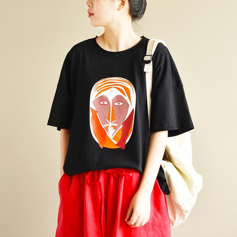 black cartoon print casual cotton tops oversize pullover short sleeve t shirt - Omychic
