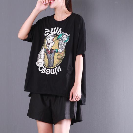 black cartoon print cotton tops plus size blouse short sleeve t shirt - Omychic