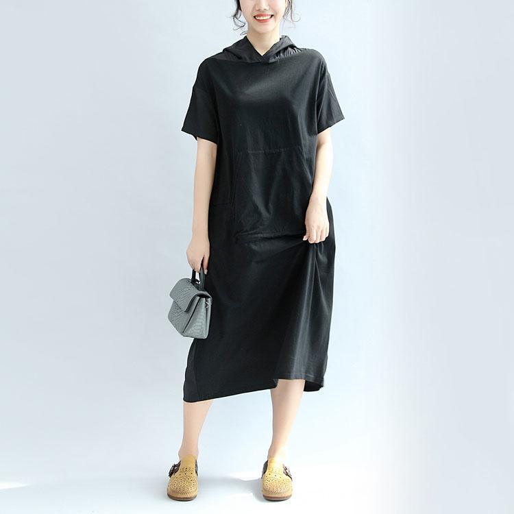 black casual cotton dresses loose hooded sundress short sleeve maxi dress - Omychic