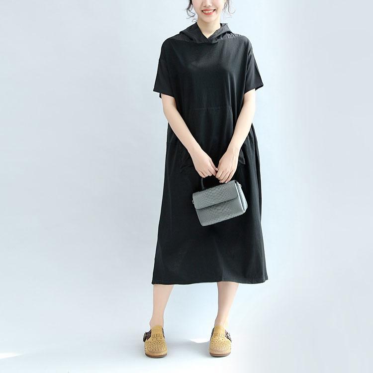 black casual cotton dresses loose hooded sundress short sleeve maxi dress - Omychic