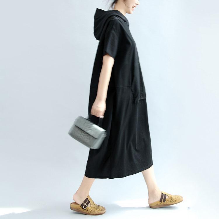 black casual cotton dresses loose hooded sundress short sleeve maxi dress - Omychic