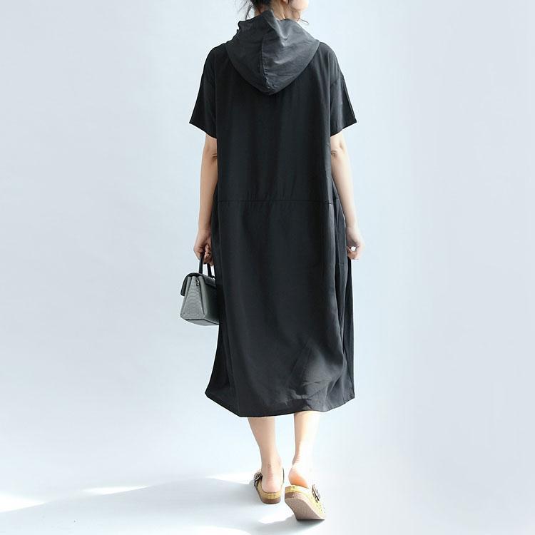 black casual cotton dresses loose hooded sundress short sleeve maxi dress - Omychic