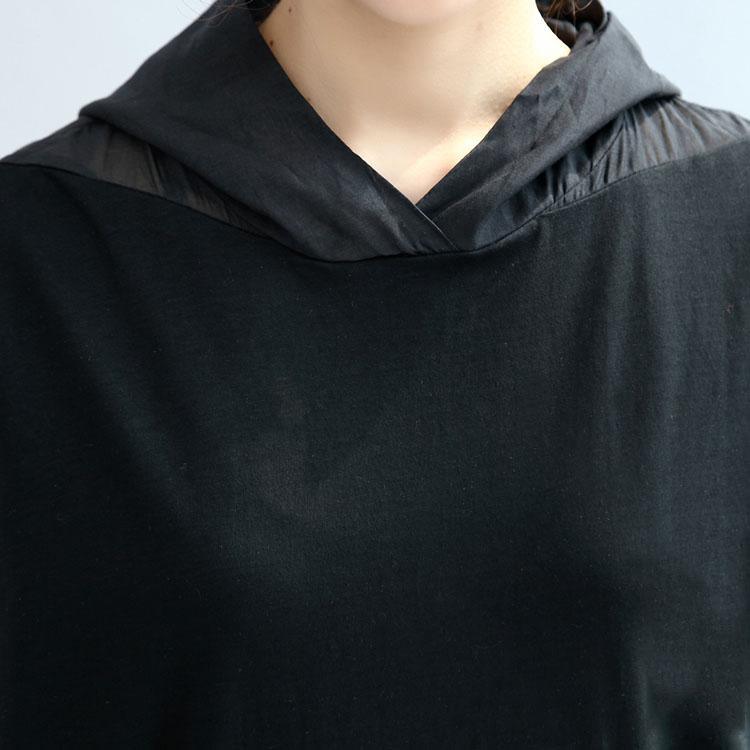black casual cotton dresses loose hooded sundress short sleeve maxi dress - Omychic