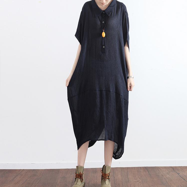 black casual cotton dresses plus size asymmetricsundress short sleeve maxi dress - Omychic