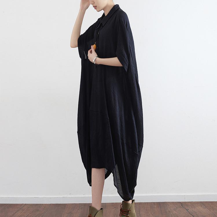 black casual cotton dresses plus size asymmetricsundress short sleeve maxi dress - Omychic