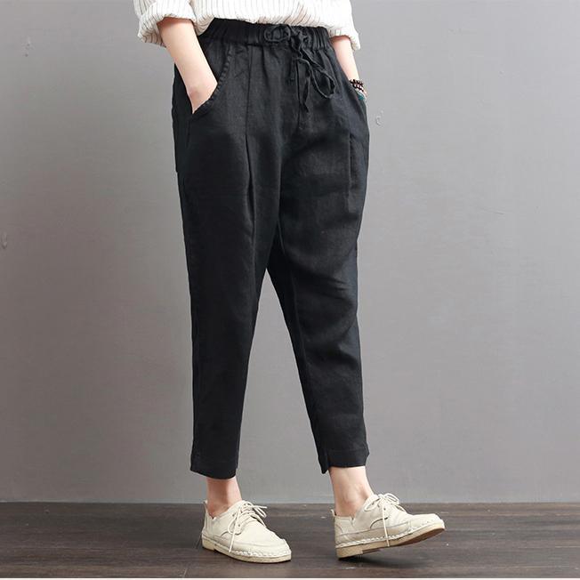 black casual cotton pant loose elastic waist crop pants - Omychic