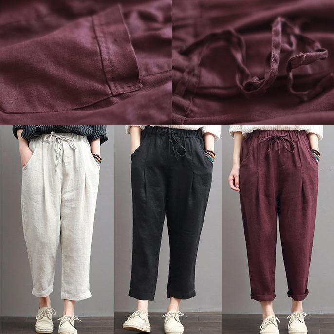 black casual cotton pant loose elastic waist crop pants - Omychic