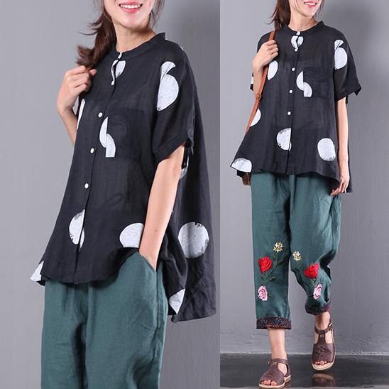 black casual dottton linen tops oversize blouse short sleeve shirts - Omychic