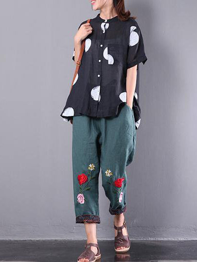 Black Casual Cottton Linen Tops Oversize Blouse Short Sleeve Shirts