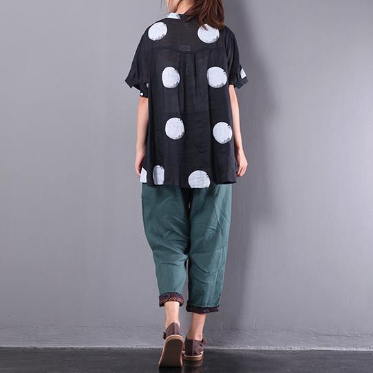 black casual dottton linen tops oversize blouse short sleeve shirts - Omychic