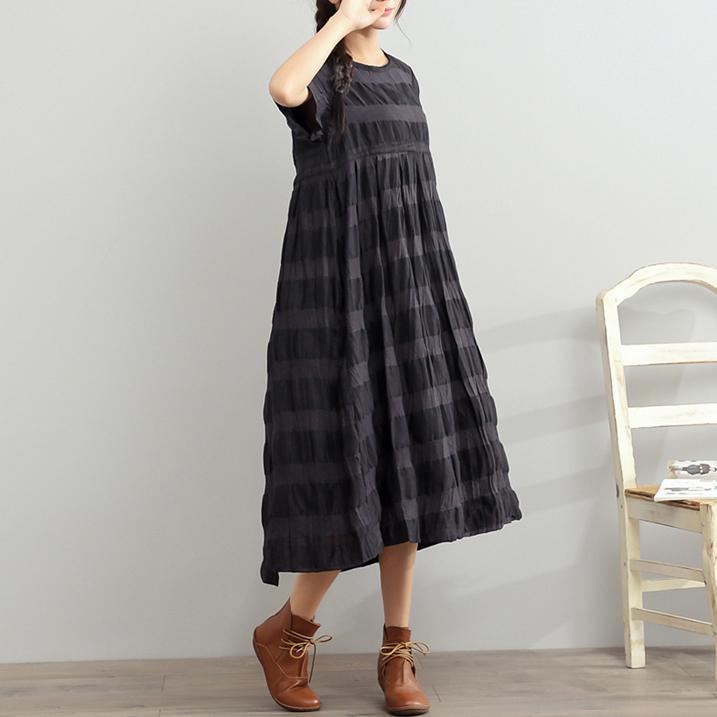 black casual linen dresses loose vintage silk sundress short sleeve maxi dress - Omychic