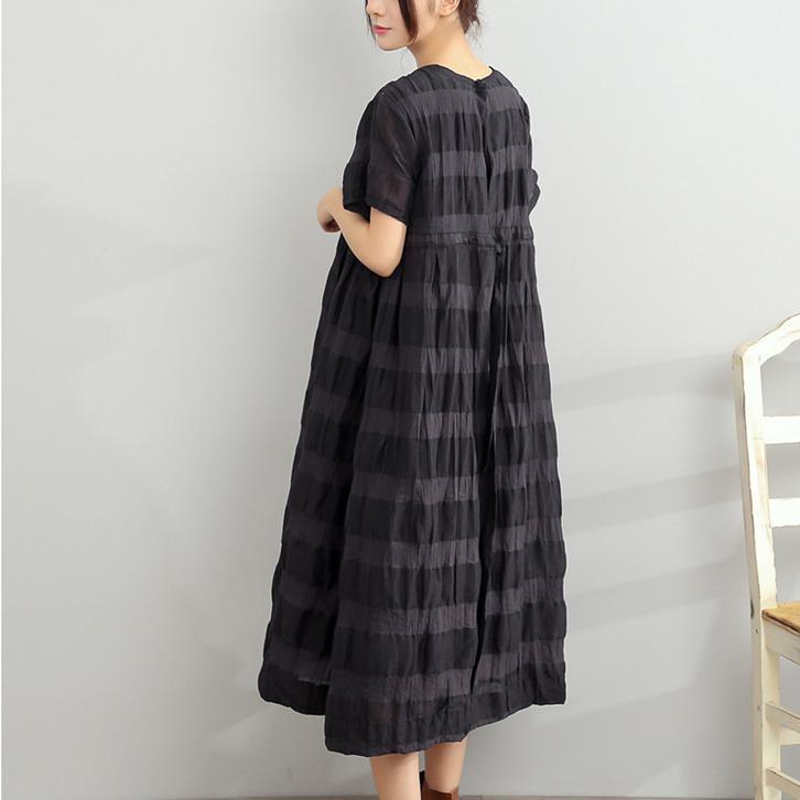 black casual linen dresses loose vintage silk sundress short sleeve maxi dress - Omychic