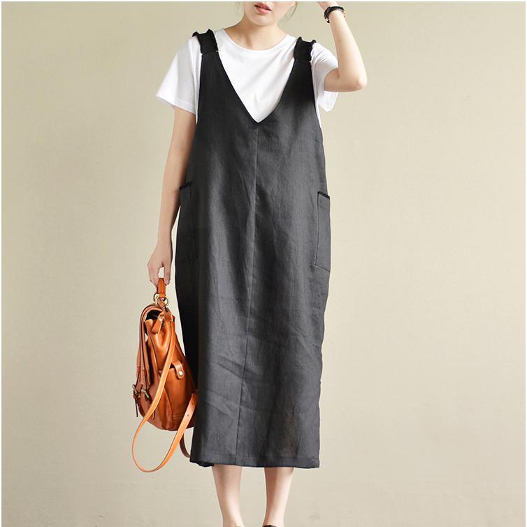 black casual linen dresses oversize stylish sundress sleeveless maxi dress - Omychic