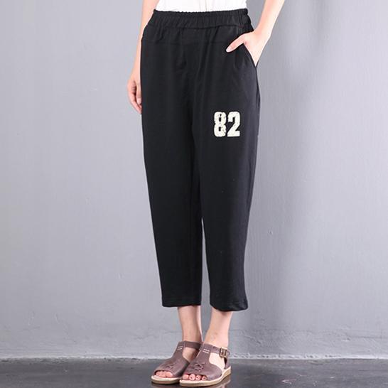 black casual print pockets cotton pants oversize elastic waist trousers - Omychic