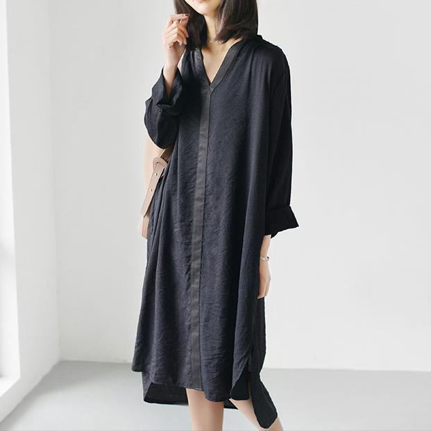 black causal flowy summer dress long sleeve shift dresses oversize clothing - Omychic