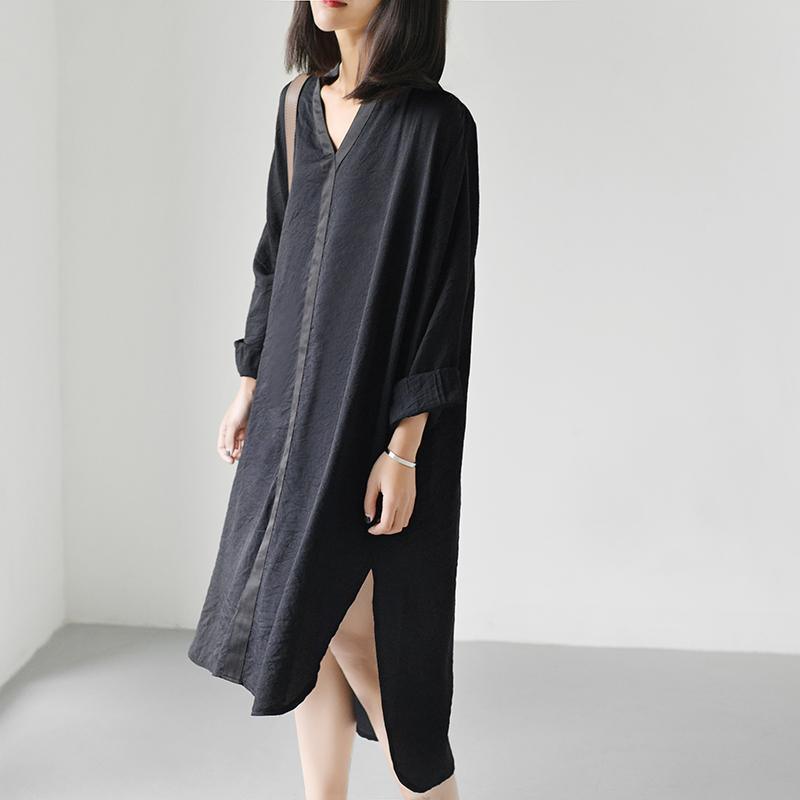 black causal flowy summer dress long sleeve shift dresses oversize clothing - Omychic