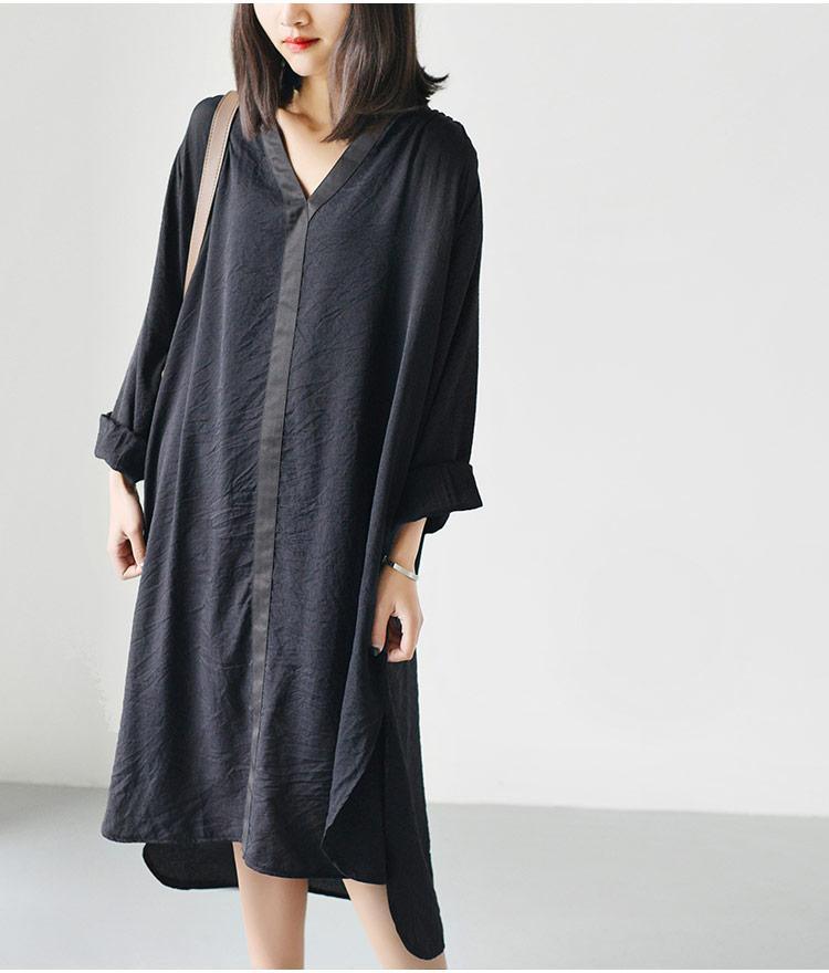 black causal flowy summer dress long sleeve shift dresses oversize clothing - Omychic