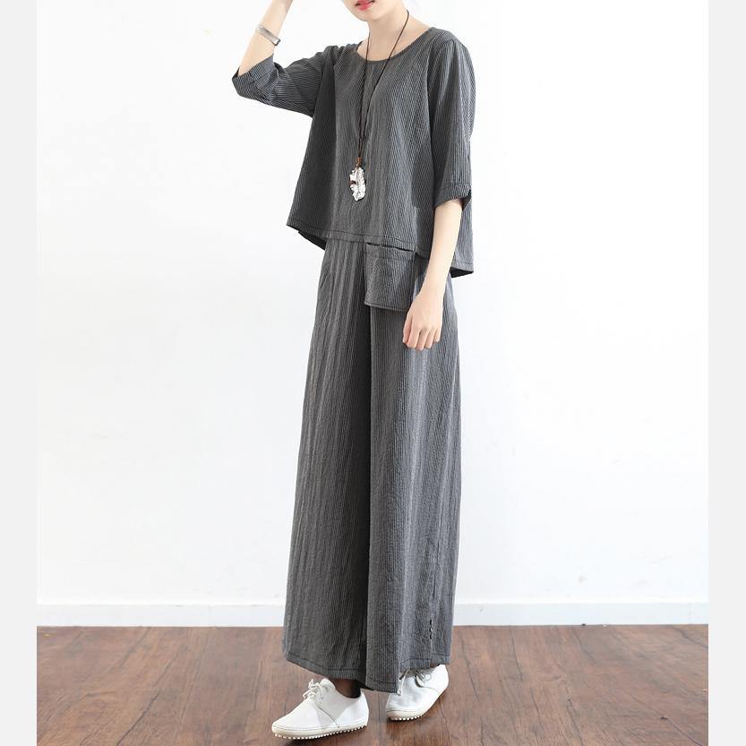 black cotton linen blended two pieces women fahion pullover t shirt with casual wide leg pants - Omychic