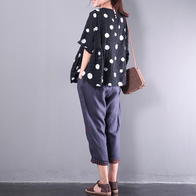 black dotted blouse casual oversize blouse short sleeve t shirt - Omychic