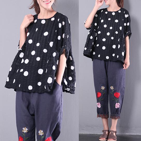 black dotted blouse casual oversize blouse short sleeve t shirt - Omychic