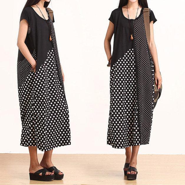 black dotted cotton summer maxi dress oversize sundress - Omychic