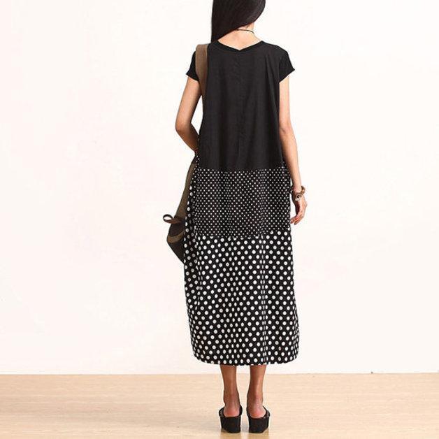 black dotted cotton summer maxi dress oversize sundress - Omychic