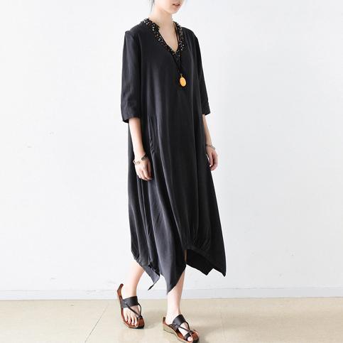 black embroidery casual silk dresses oversize vintage half sleeve maxi dress - Omychic