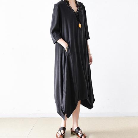 black embroidery casual silk dresses oversize vintage half sleeve maxi dress - Omychic