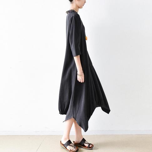 black embroidery casual silk dresses oversize vintage half sleeve maxi dress - Omychic