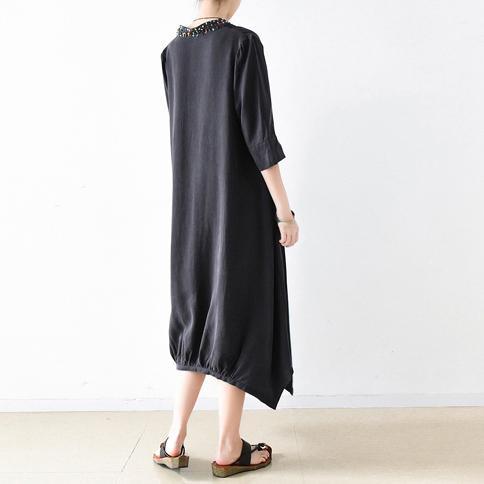 black embroidery casual silk dresses oversize vintage half sleeve maxi dress - Omychic