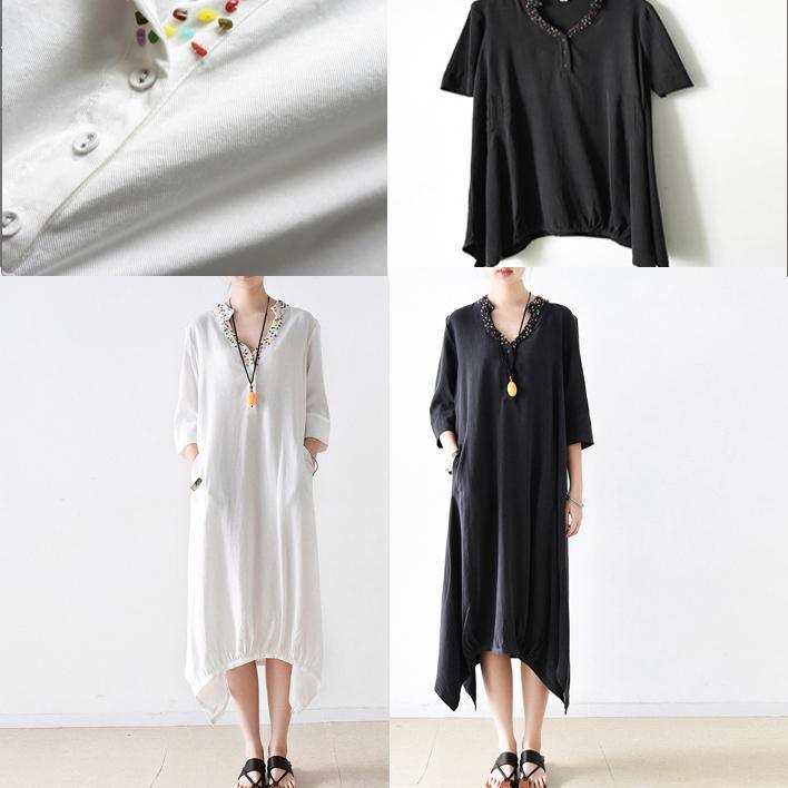 black embroidery casual silk dresses oversize vintage half sleeve maxi dress - Omychic