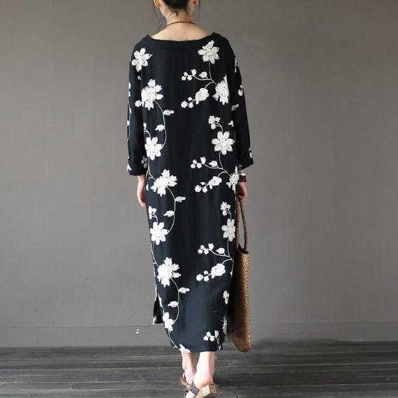 black embroidery cotton casual caftans plus size vintage long sleeve maxi dress side open - Omychic