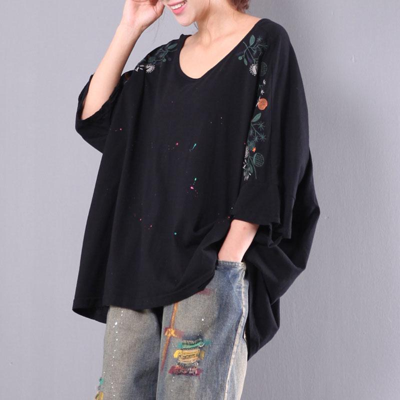black embroidery cotton tops plus size casual pullover short sleeve t shirt - Omychic