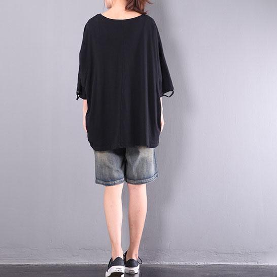 black embroidery cotton tops plus size casual pullover short sleeve t shirt - Omychic