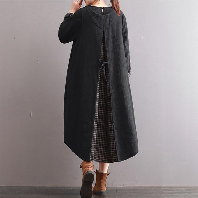 black fashion cotton linen dresses and waistcoat coats plus size casual  two pieces - Omychic