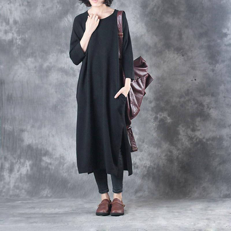 black fashion woolen dresses baggy loose slim casual bracelet sleeved knit dress - Omychic