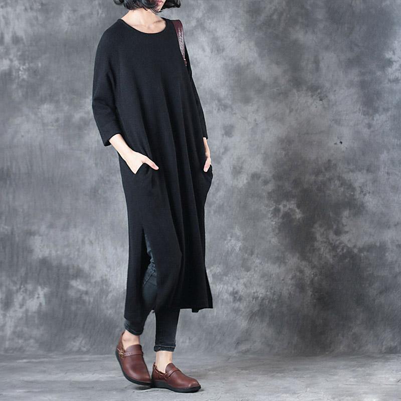 black fashion woolen dresses baggy loose slim casual bracelet sleeved knit dress - Omychic