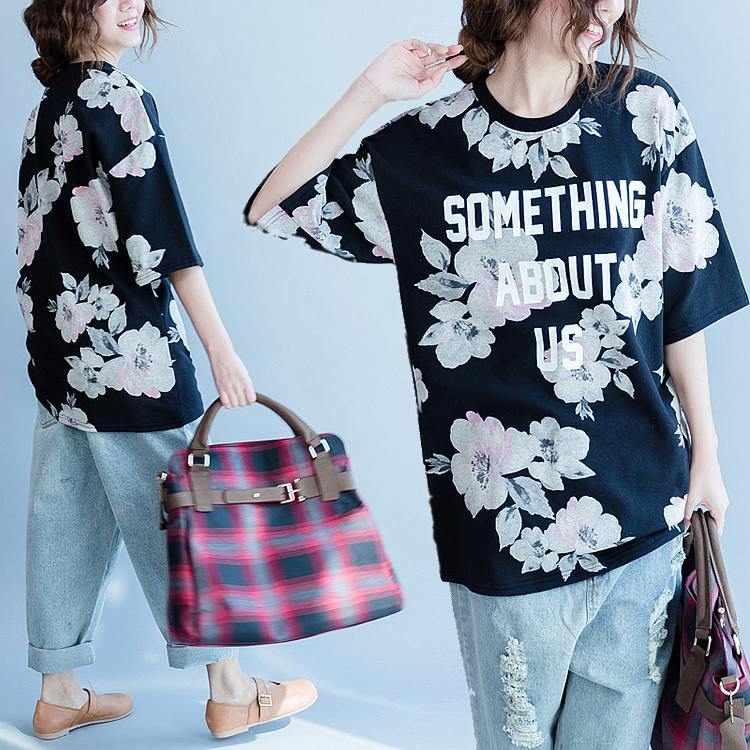 black floral cotton tops oversize blouses shirts summer short sleeve - Omychic