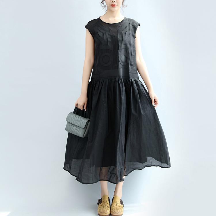 black geometric cotton dresses casual layered sundress sleeveless maxi dress - Omychic