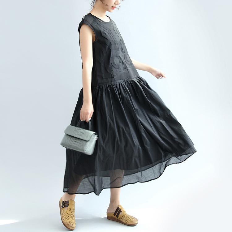 black geometric cotton dresses casual layered sundress sleeveless maxi dress - Omychic