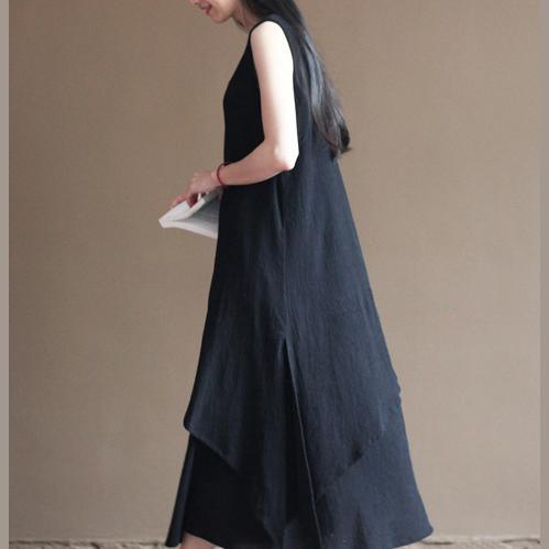 black layered linen dress summer long maxi dresses beach sundress sleeveless - Omychic