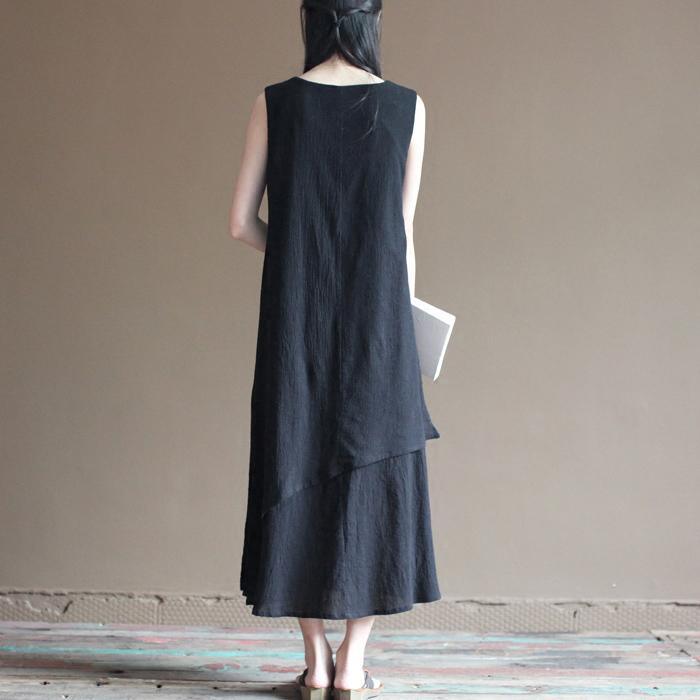 black layered linen dress summer long maxi dresses beach sundress sleeveless - Omychic