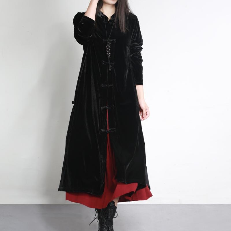 black new winter corduroy vintage trench coats solid casual Chinese Button long coat - Omychic