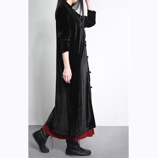 black new winter corduroy vintage trench coats solid casual Chinese Button long coat - Omychic