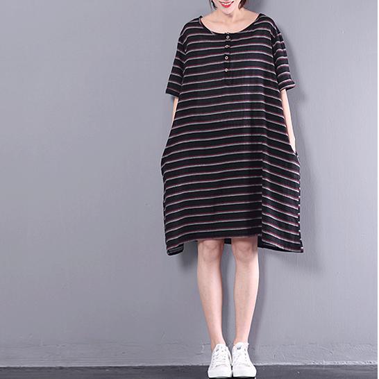 black o neck sundress plus size dress short sleeve strips shift dresses - Omychic