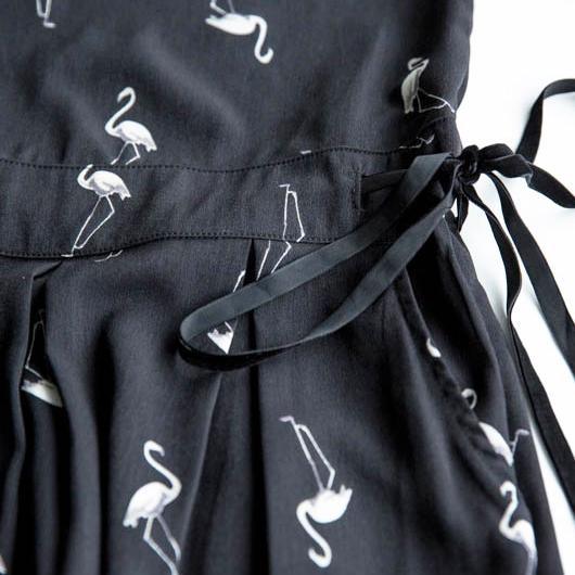 black original design bird print chiffon short sleeve casual jumpsuit crop pants - Omychic