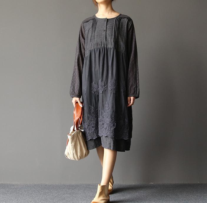 black oversize lace patchwork cotton dresses - Omychic
