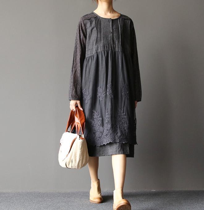 black oversize lace patchwork cotton dresses - Omychic