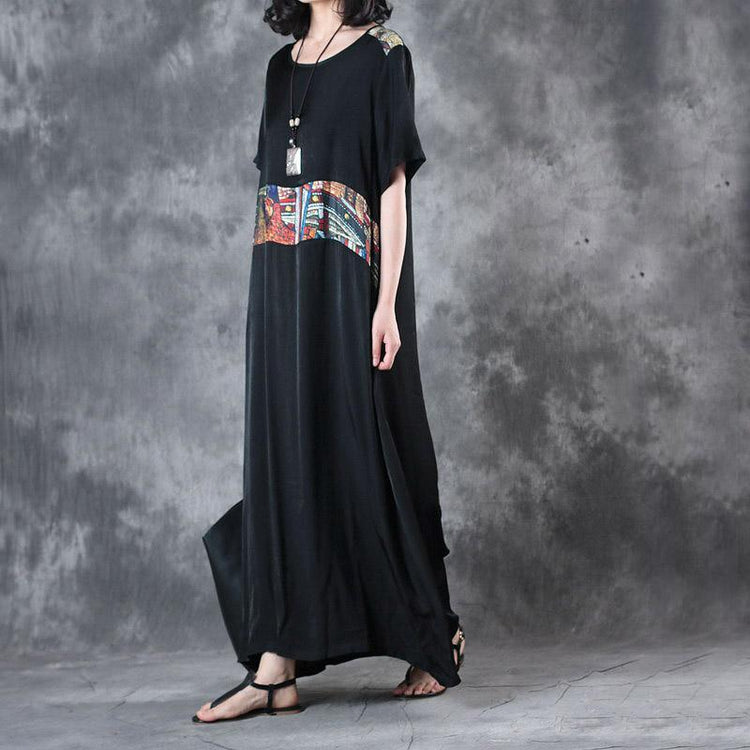 black patchowrk baggy summdr silk sundress plus size casaul dresses short sleeve maxi dress - Omychic