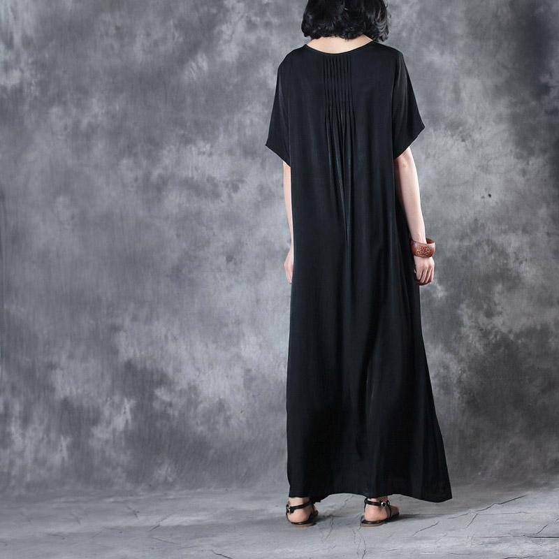 black patchowrk baggy summdr silk sundress plus size casaul dresses short sleeve maxi dress - Omychic